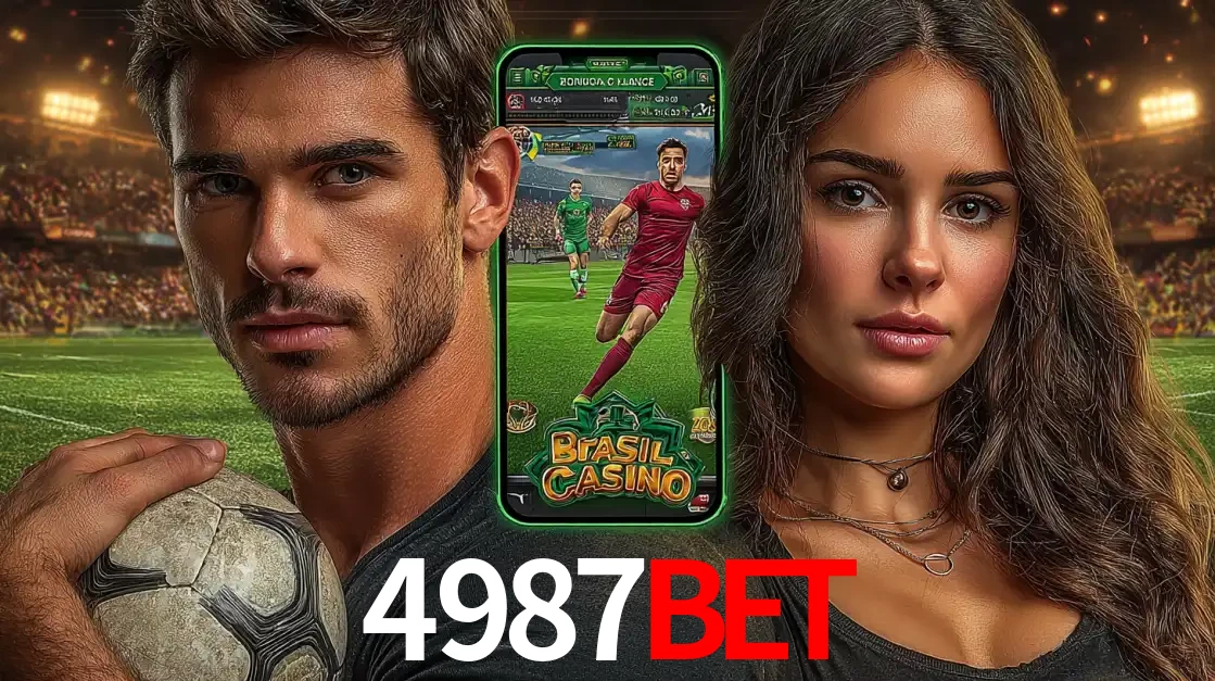 Homem segurando uma bola de futebol e uma mulher ao lado de um smartphone exibindo o jogo de apostas esportivas da 4987bet. Faça seu palpite no cassino online.